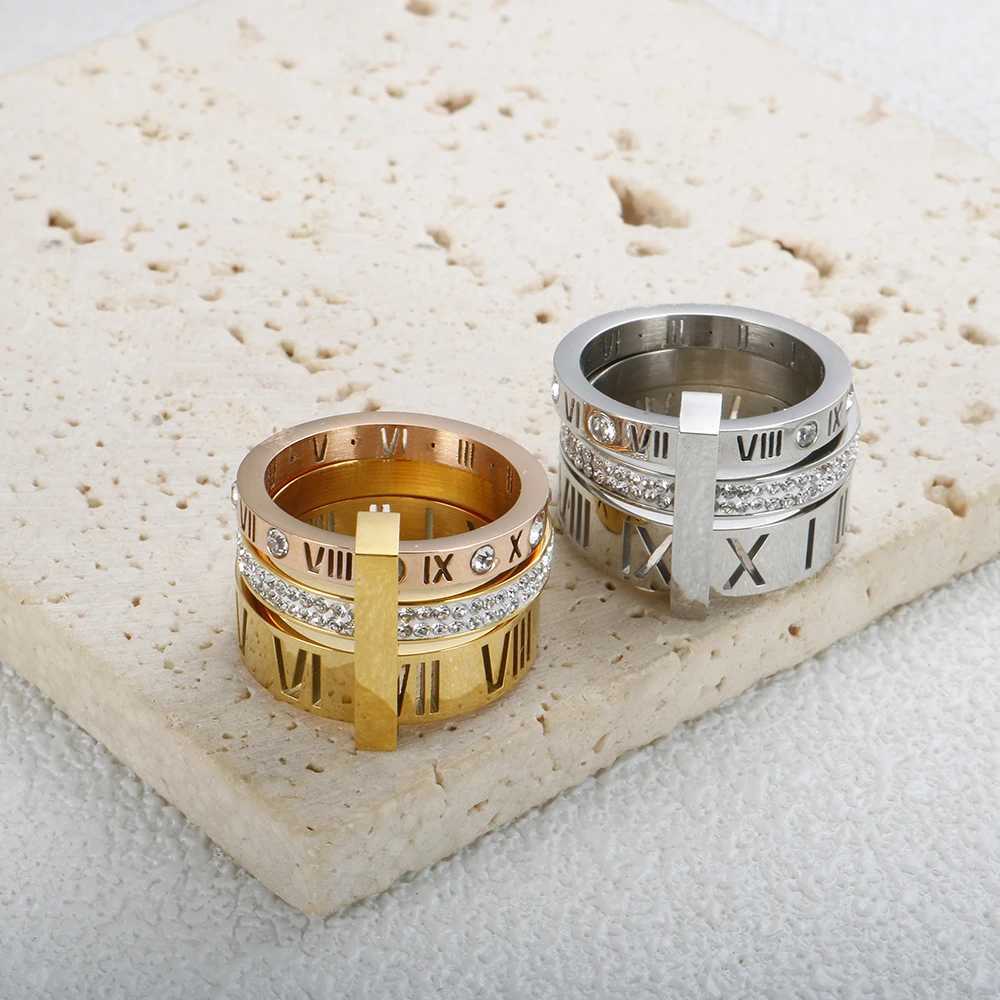Three Layers Roman Numerals Ring for Women Luxury Stainless Steel Rotatable Crystal Finger Rings Female Wedding Trendy JewelryW251030