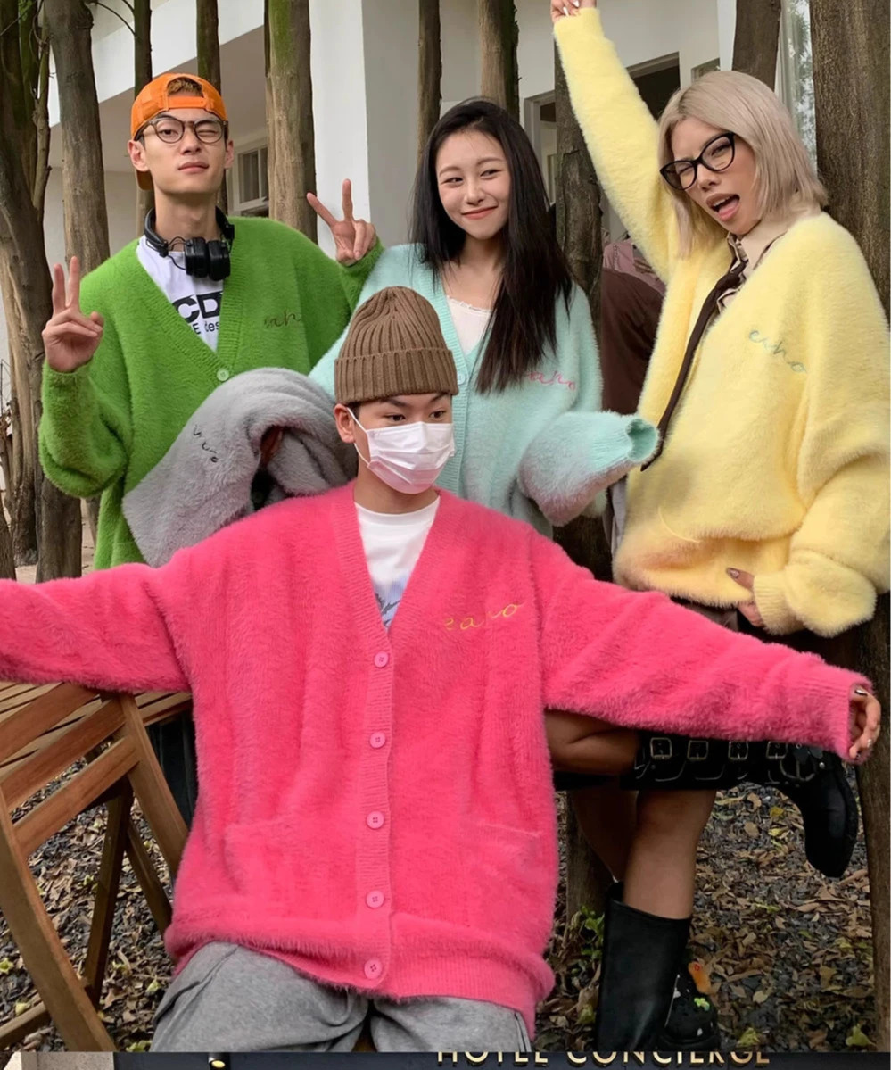 Autumn and Winter Soft Waxy Sweater Dopamine Color Mohair Knitted Cardigan Street Casual Men and Women Couple Lazy Sweater 251029