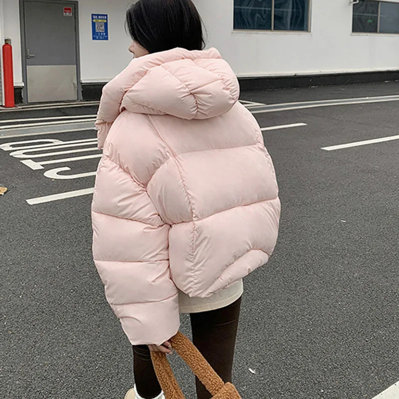 puffy hooded short parka thicken loose down cotton coat for women solid color warm outwears winter jacket 251015