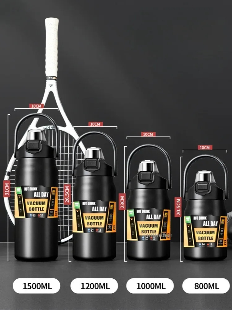 800100012001500ML 304 Stainless Steel Thermos with Straw Thermal Mug Cup Sports Vacuum Flasks Cold and Water Bottle 251029 W260226