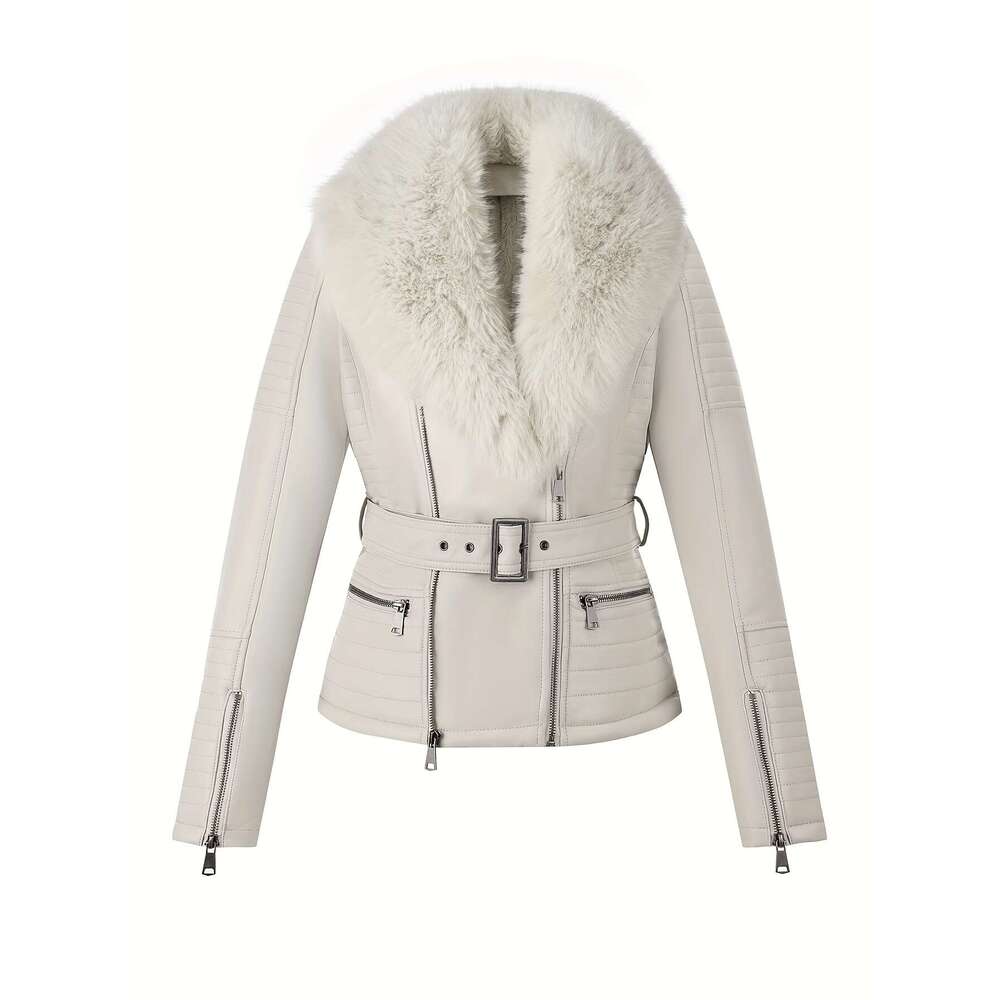Women S Autumn Winter PU Leather Jacket Fashion Warm Large Faux Fur Collar Biker Jacket Coat