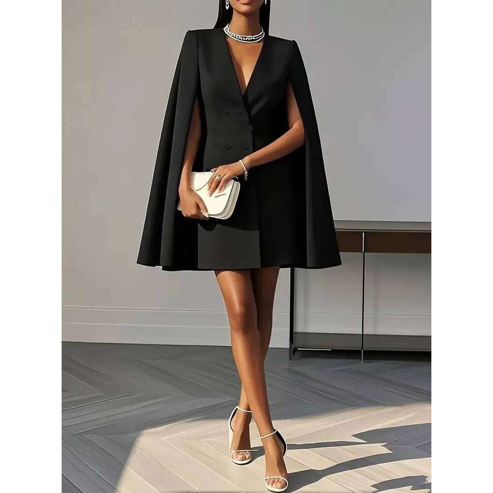 Women Fashion Commuter Solid Blazers Office Double Breasted Waist Party Elegant V Neck Shawl Cape Sleeve Dress