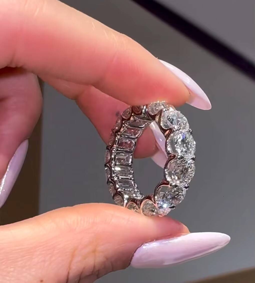 Factory Direct Sell 10K 14K 18K White Gold VVS D Color 3X5MM Emerald Cut Mix Round Brilliant Cut Lab Grown Diamond Ring Band