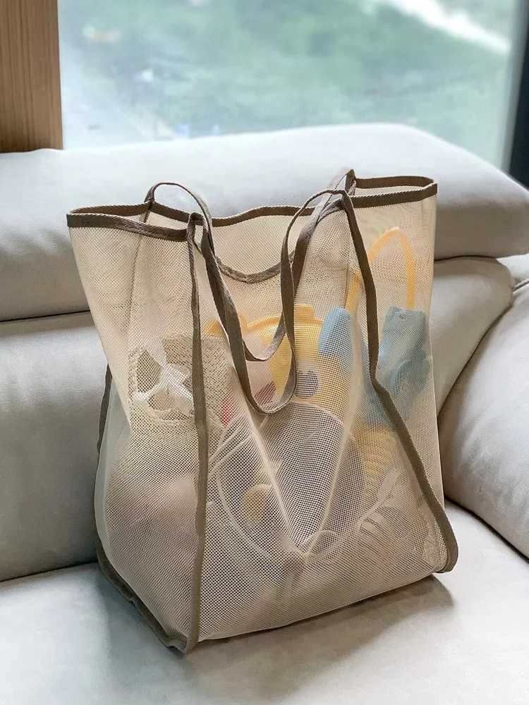 Women Mesh Beach Tote Bag Shoulder Handbag Swimming Beach Bag Large Capacity Kids Toys Storage Bags Makeup Organizer Travel Bag W251031