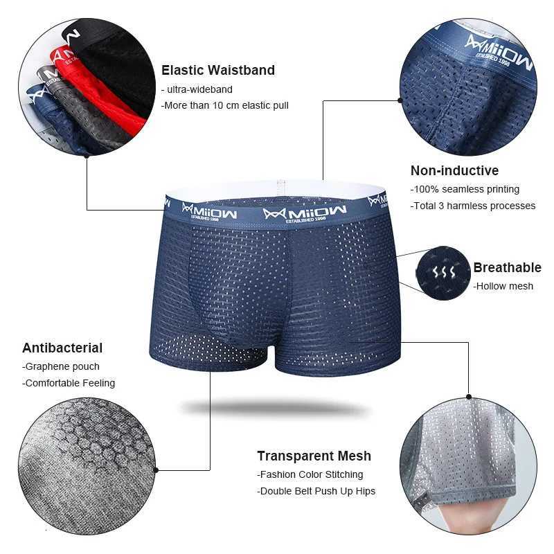 MiiOW 346Pcs Mesh Breathable Men Boxer Briefs Ice Silk Underwear Graphene Antibacterial Men Panties Underpants Man BoxershortsT251031