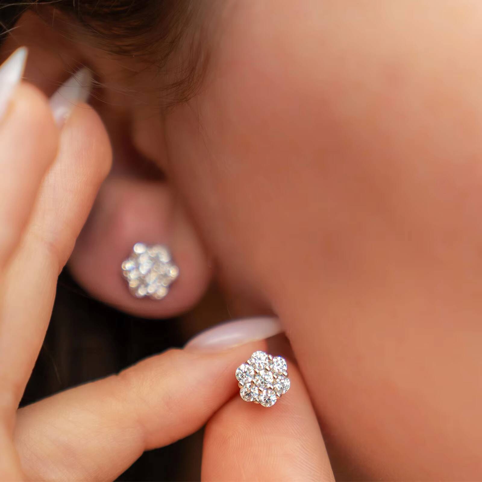 14K White Gold Plated 925 Sterling Silver Women Men Iced Out Round Flower Cluster Hypoallergenic Hip Hop Moissanite Stud Earring