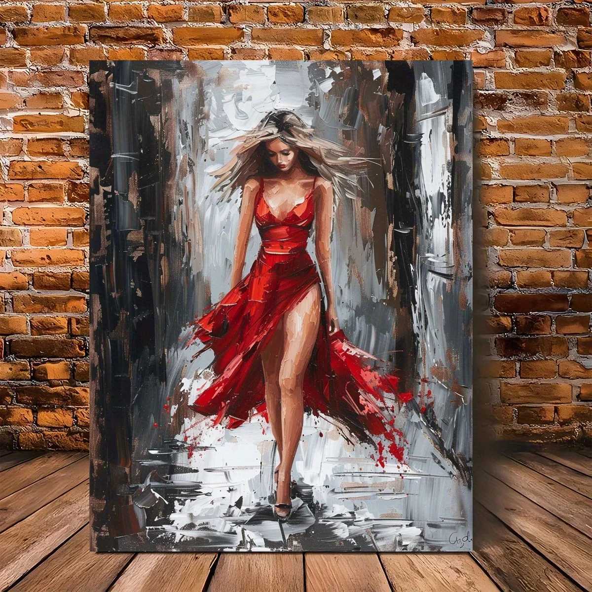 1pc Wooden Framed Canvas Oil Painting Elegant Woman in Red Dressroom or Wall Decor Office Artwork Vibrant Wall Art C251031