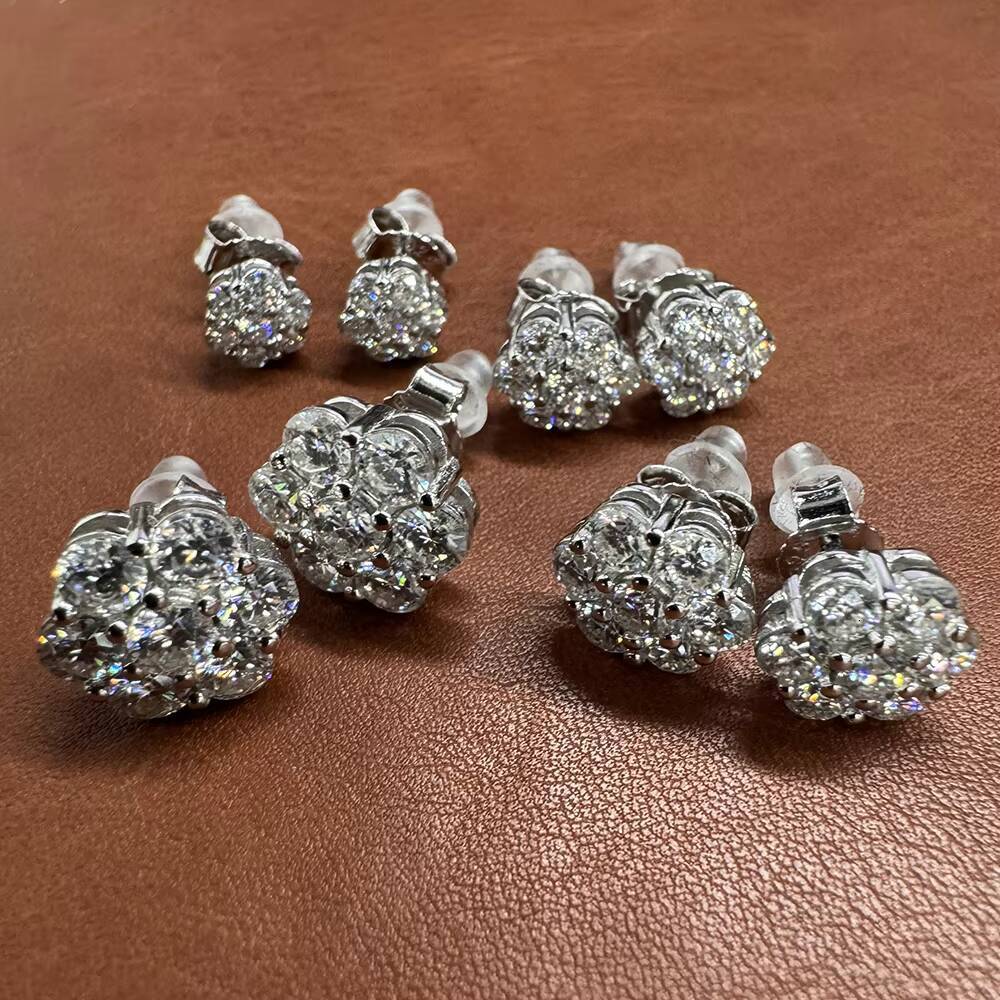 14K White Gold Plated 925 Sterling Silver Women Men Iced Out Round Flower Cluster Hypoallergenic Hip Hop Moissanite Stud Earring