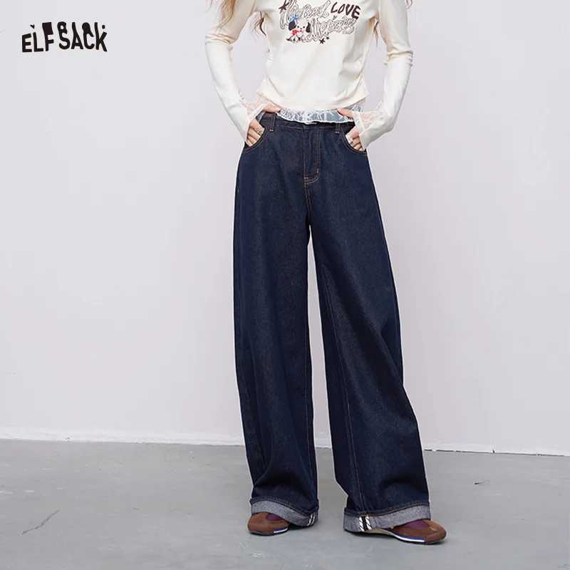 ELFSACK 2025 Autumn New Arrival Casual Vintage WideLeg Straight Jeans Loose Retro Pants For Woman J251031