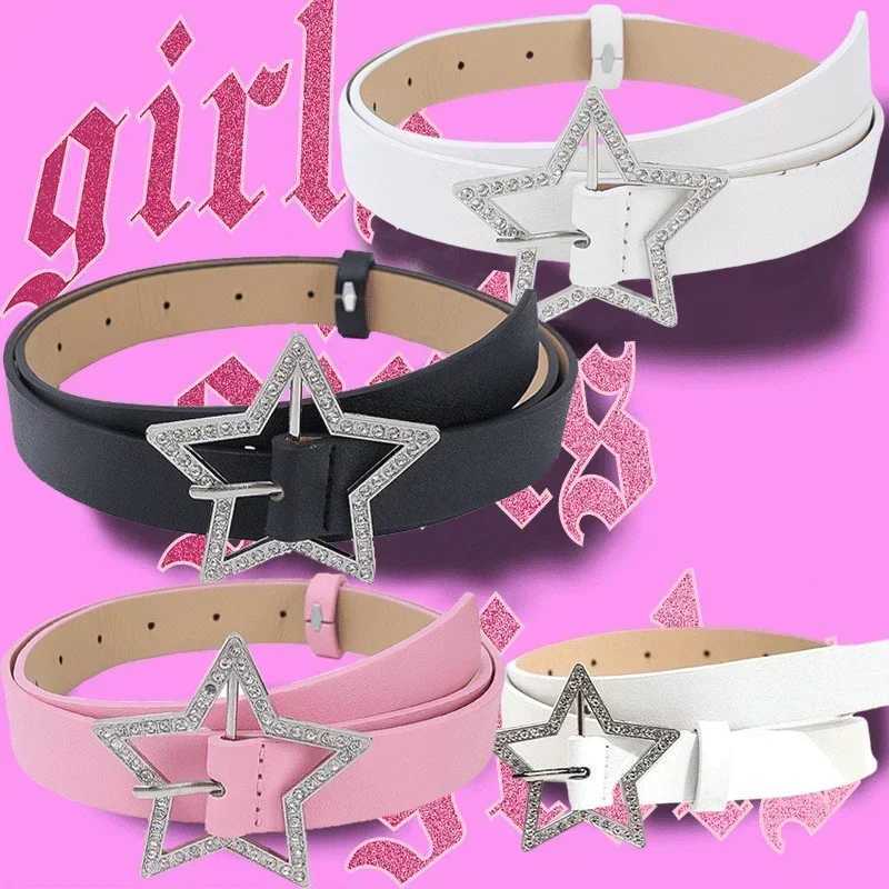 Y2K Star Buckle Belt Pink Leather Elastic Binding Embellished Waistband Sparkling Rhinestone Retro Bride Decoration AccessoriesW251030