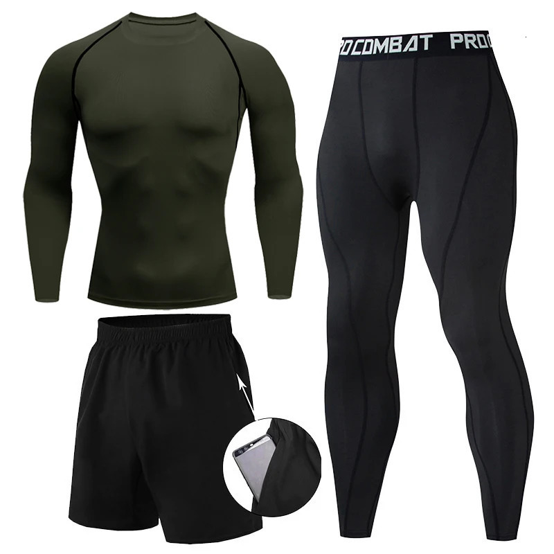 3 Pieces Men Compression Workout Set Spring Fall Athletic Running Baselayer Sets Long Sleeve Undershirt Leggings Pants Shorts 251031