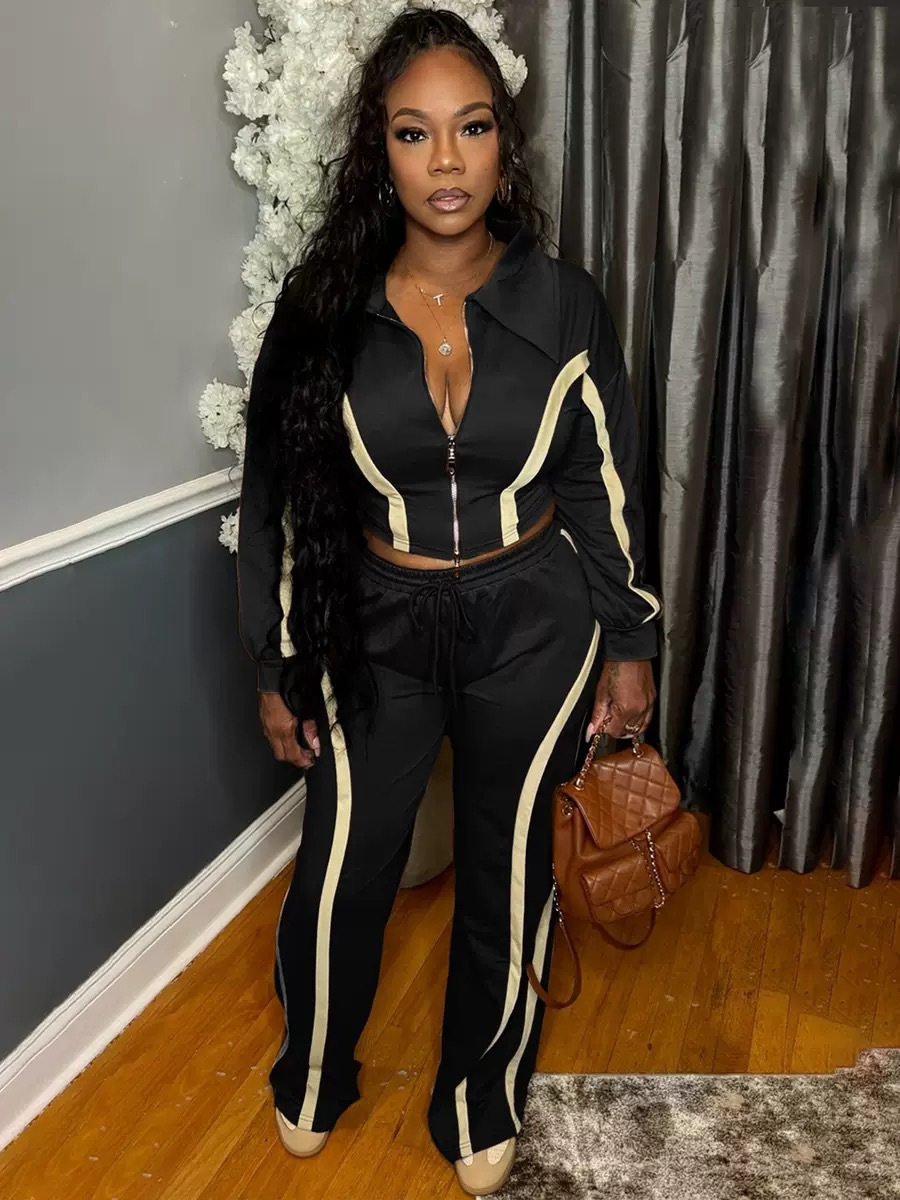 Women autumn winter contrasting long sleeved cardigan sports style two-piece set fashionable loose straight leg pants sports casual two-piece set desi