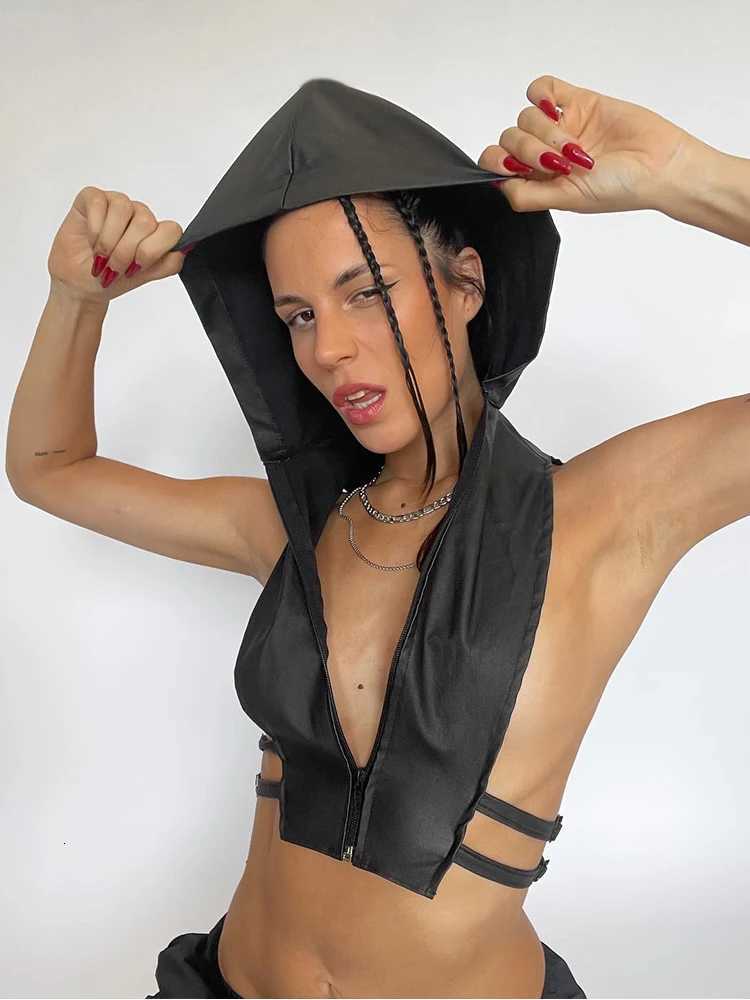 Weird Puss PU Hooded Tank Tops Women Y2K Side Split Sexy Hipster Zip Bandages Leather Hipster Strtwear Wild Basic Summer Vest C251031
