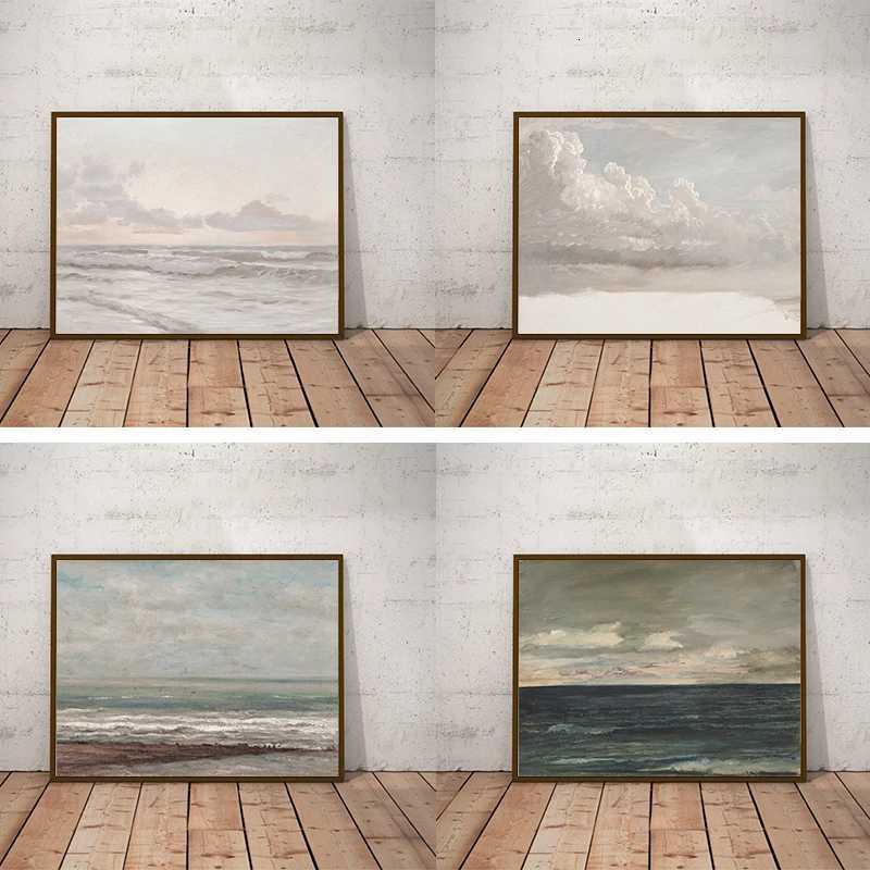 Vintage Seascape Canvas Painting Coastal Landscape Wall Pictures Pastel Beach Art Prints Living Room Farmhouse Nautical Decor C251031