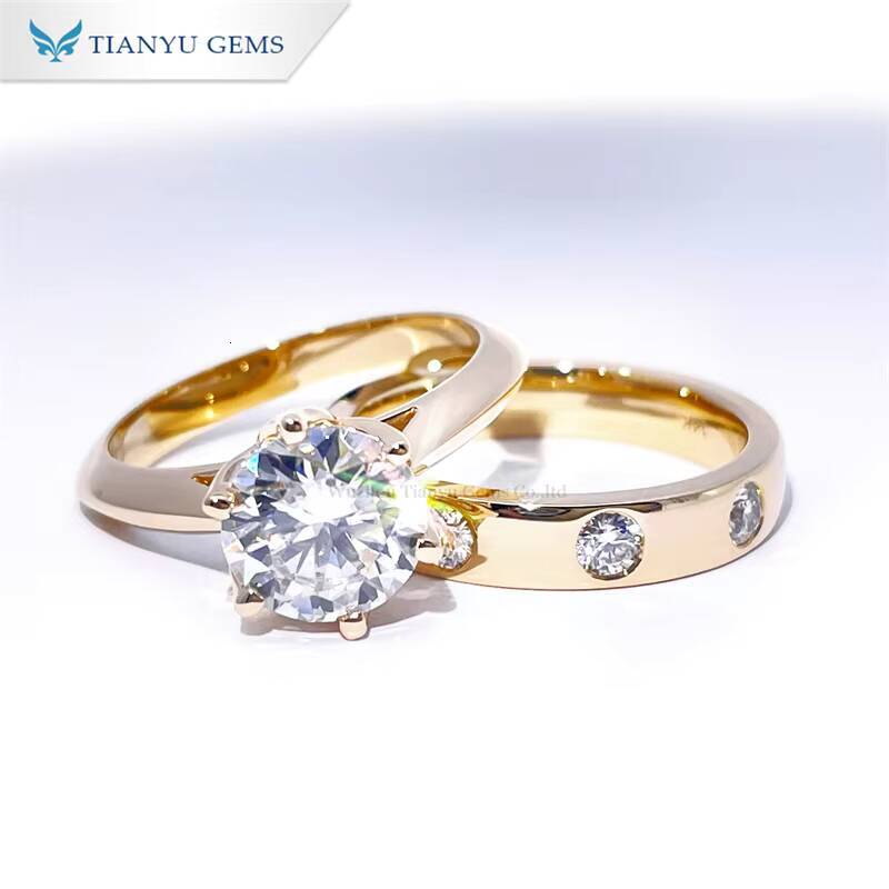 Tianyu 2CT D VVS Round Moissanite Diamond Engagement Ring Set Custom Real Yellow Gold 14K 18K Wedding Band Rings