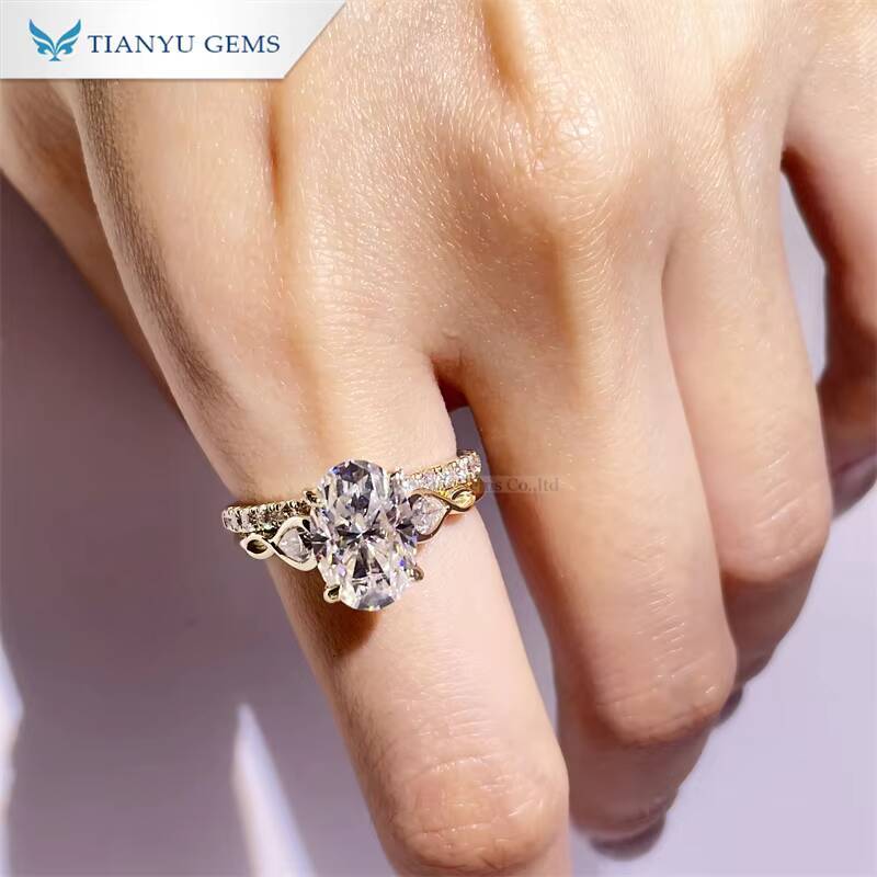 Tianyu Gems 14k Solid Yellow Gold 7511mm Oval Hearts and Arrows Cut Moissanite Diamond Ring Set for Women
