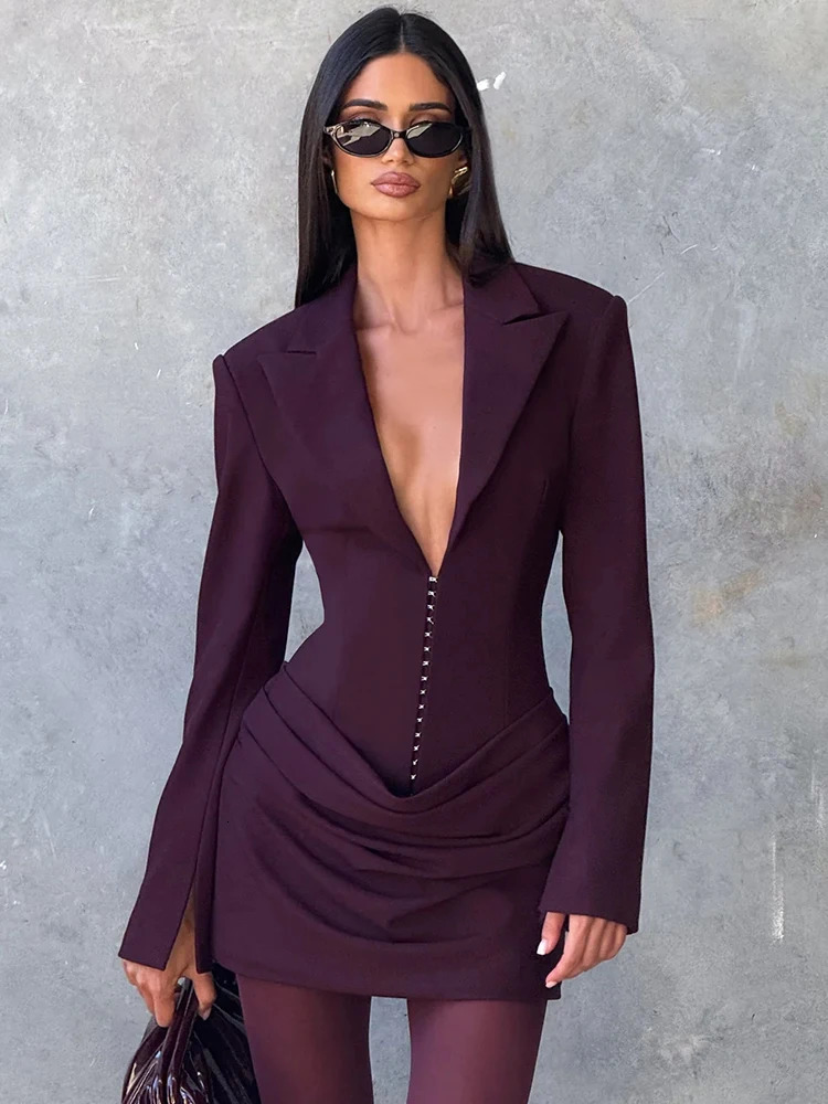 Mozision Long Sleeve Deep V Neck Ruched Sexy Mini Dress Women Autumn Winter Fashion High Waist Club Party Blazer Dresses Female 251028