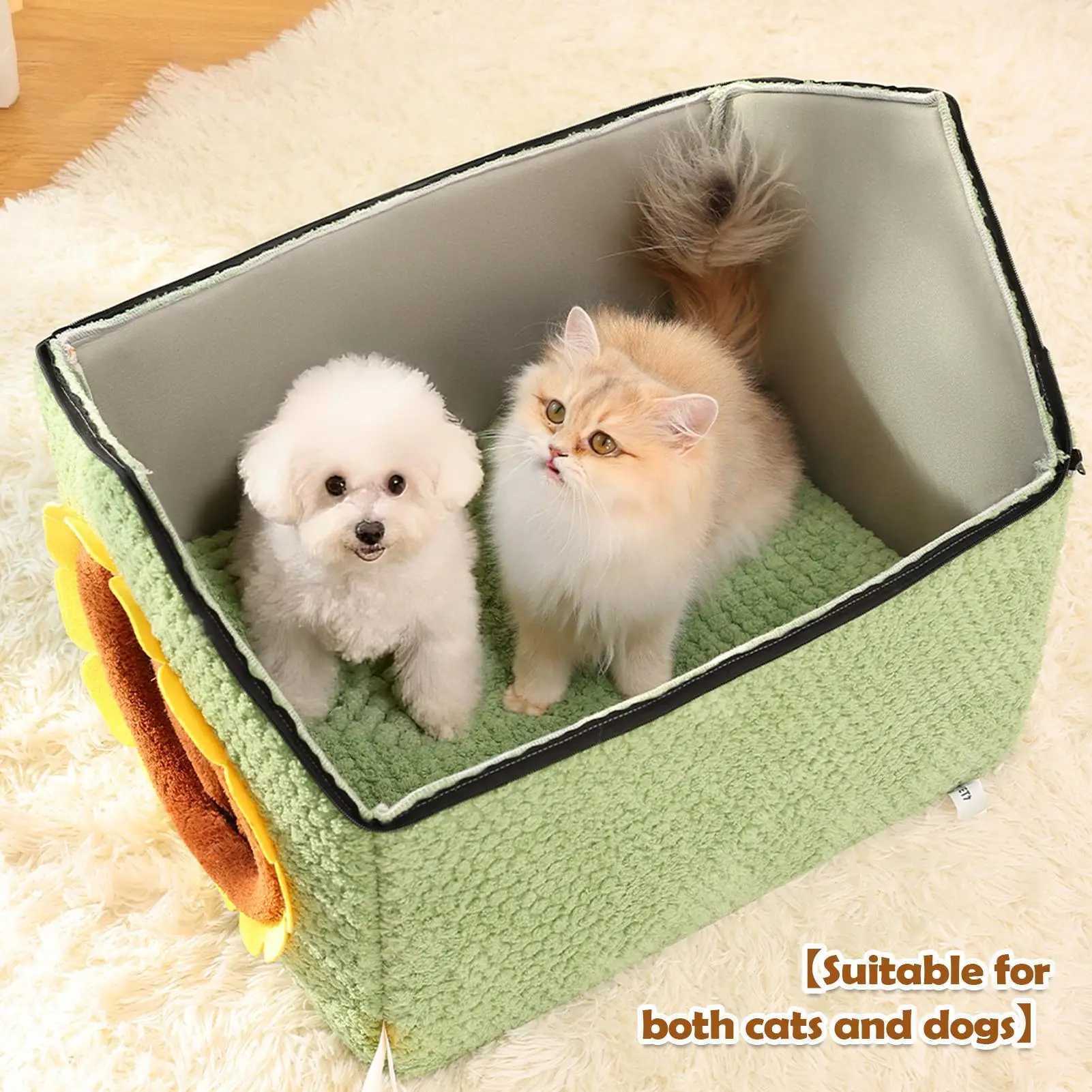 winter Sunflower warm cat bed Washable puppy bed enclosed cat house cave foldable detachable cats sleeping bed with door curtain J2511281