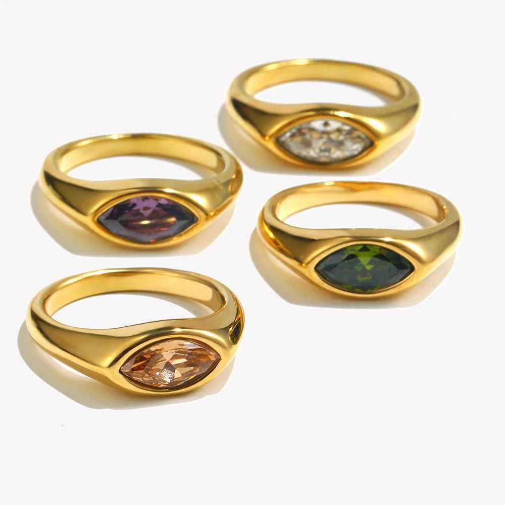 EBbelle Horse Eye Zircon Seal Ring Colorful Hypoallergenic 316L Stainless Steel Decoration 18K Gold Plated JewelryXJ251031