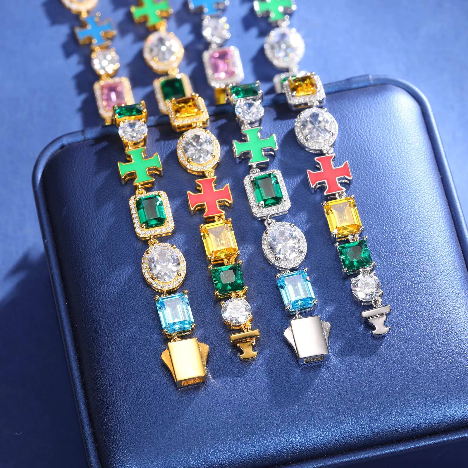 Fashion Jewelry 10mm 925 Sterling Silver White Moissanite Diamond Enamel Plated Cross Mix Colorful Zircon Link Chain for Party