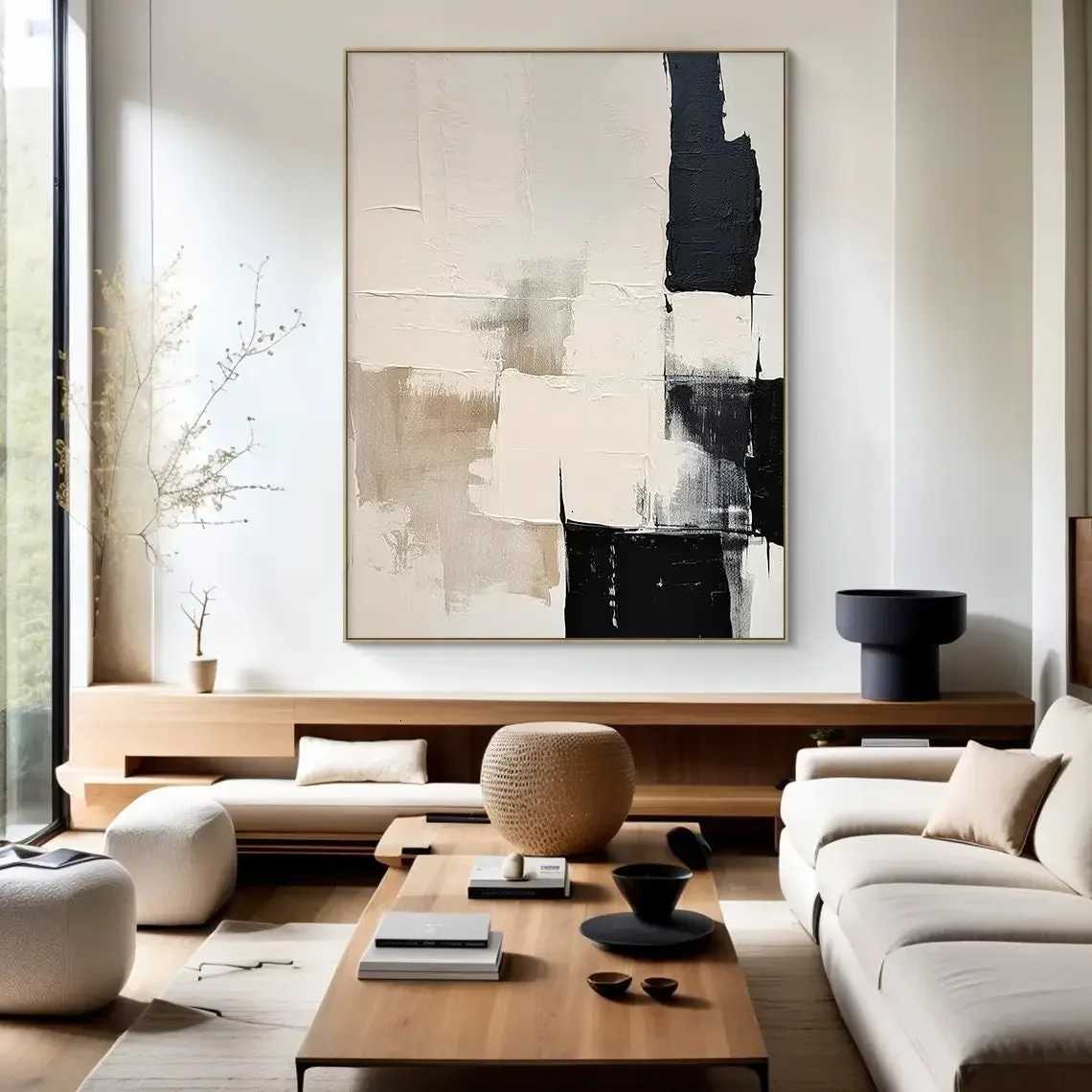 Large Canvas Black Beige Abstract Hand Painted Painting Minimst Textured Wall Art Handmade Canvas Painting Living Room Decor C251031