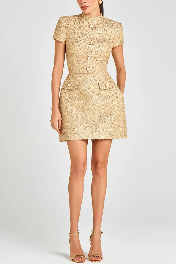 Autumn Fashion Sexy Short Sleeve Standup Collar Party Solid Color Button Slim Fit Above KneeMini Dress 251028