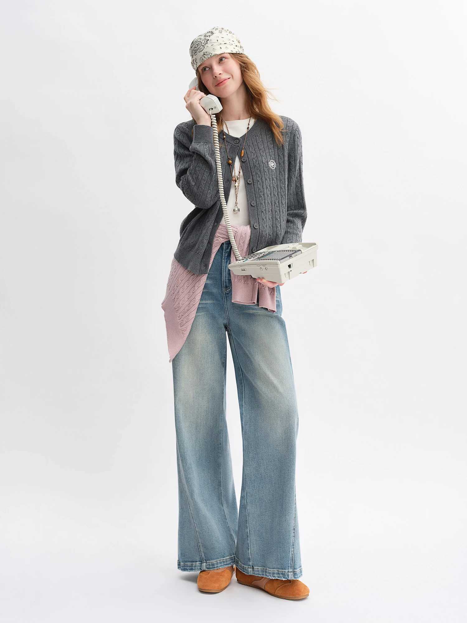 DUSHU Plus Size Design Sense Retro Washed Blue Straight Jeans High Waist Drape Slim Wide Leg Pants 2025 New Arrival 25DS83034 J251031