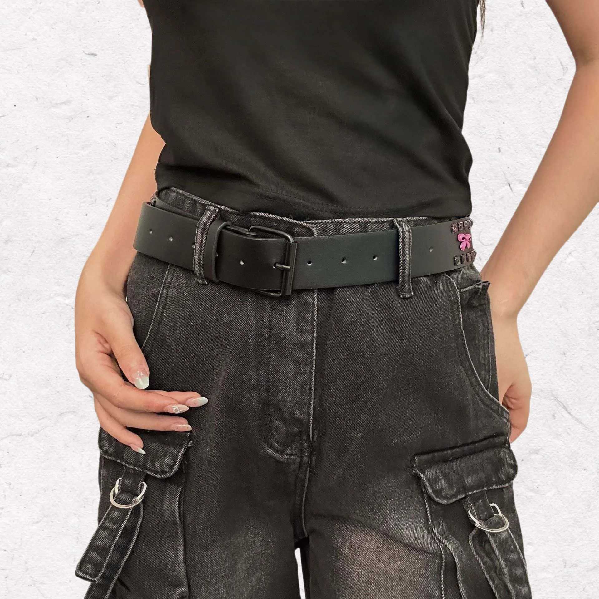 Pink Bow Design Womens Belt Hip Hop Punk Y2k Girls Girdle Fashion Personality Metal Stud Jeans Accessories Black WaistbandW251030