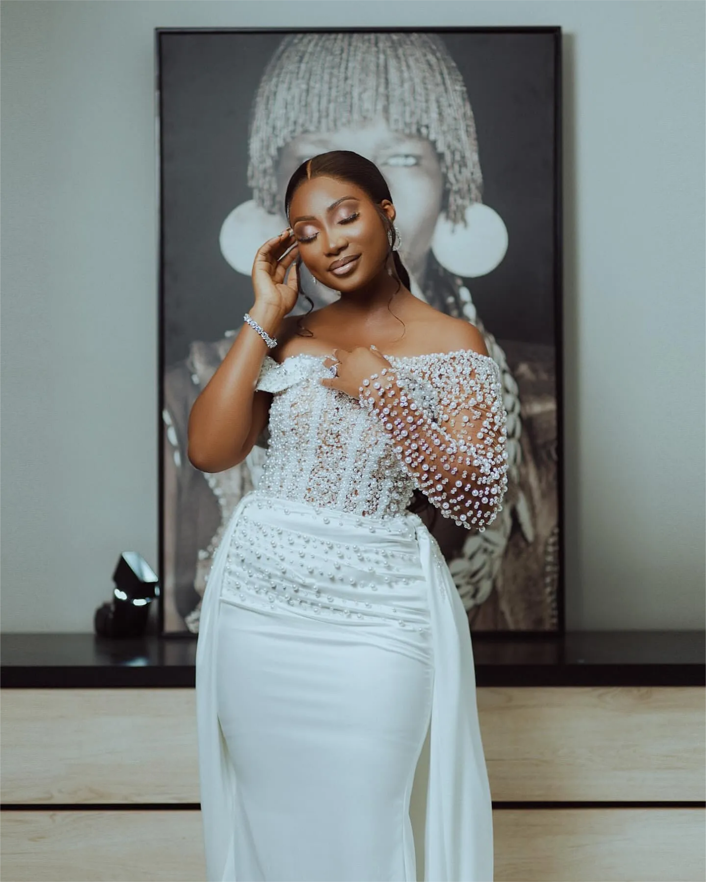 White Mermaid Wedding Dresses Plus Size Pearls Full Sleeves Satin Elegant Bridal Gowns Dresses Vestidos De Novia