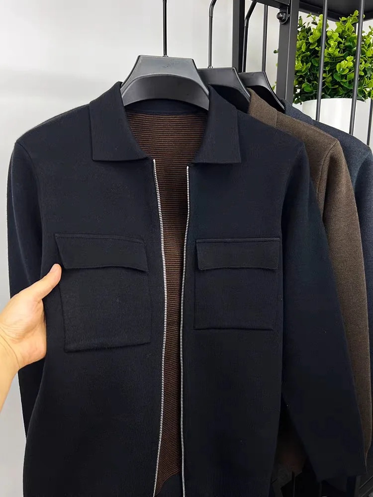 Premium Zipper Collar Wool Cardigan Mens Casual Coat AutumnWinter y Pocket n Solid Color Warm Sweater Jacket 251029