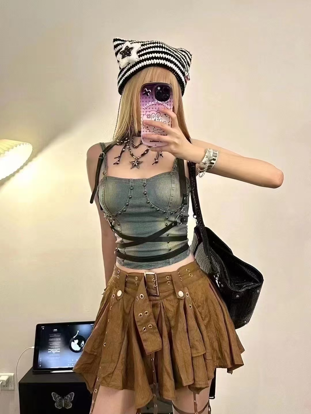 Women's Post-Apocalyptic Irregular Mini Skirt with Belt, High-Waisted Short Skirt, Slimming & Heightening, Edgy Street Style Skirt for Women-NO11