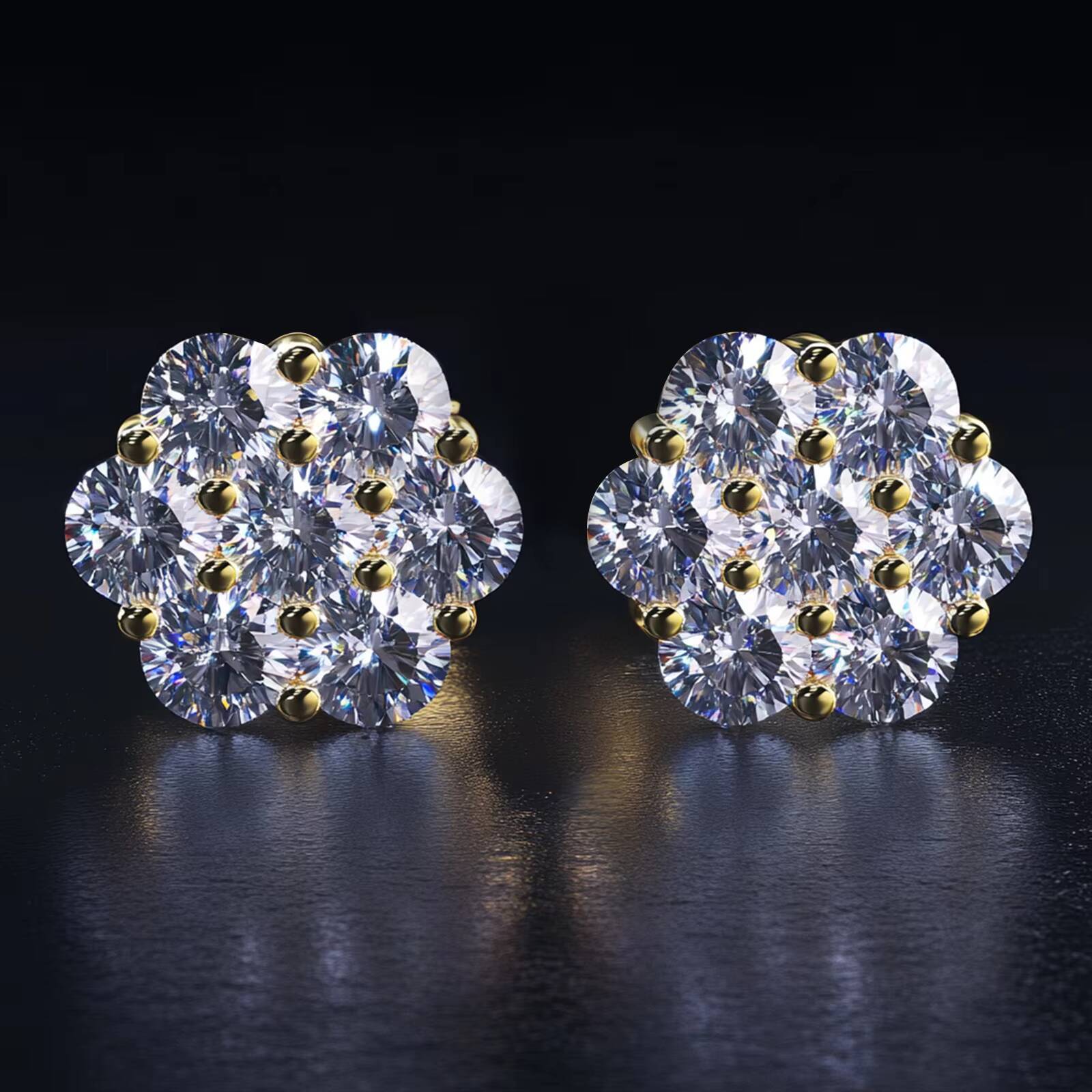 Moissanite Diamond Flower Cluster Gold Plated 925 Sterling Silver Hypoallergenic Men Women Round Big Stud Earrings for Men Women