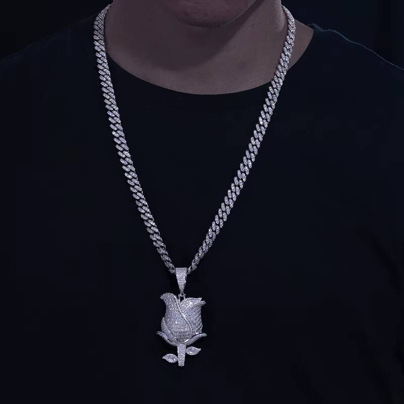 Pass Diamond Tester VVS Baguette Moissanite Rose Pendant 925 Sterling Silver Lab Diamond Iced Out Hip Hop Jewelry Wholesale