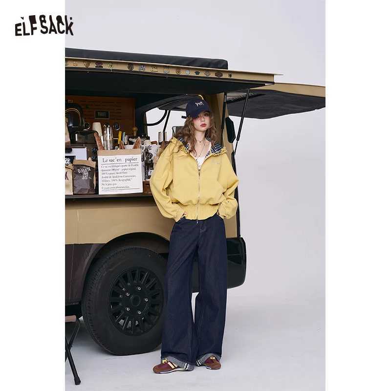 ELFSACK 2025 Autumn New Arrival Casual Vintage WideLeg Straight Jeans Loose Retro Pants For Woman J251031