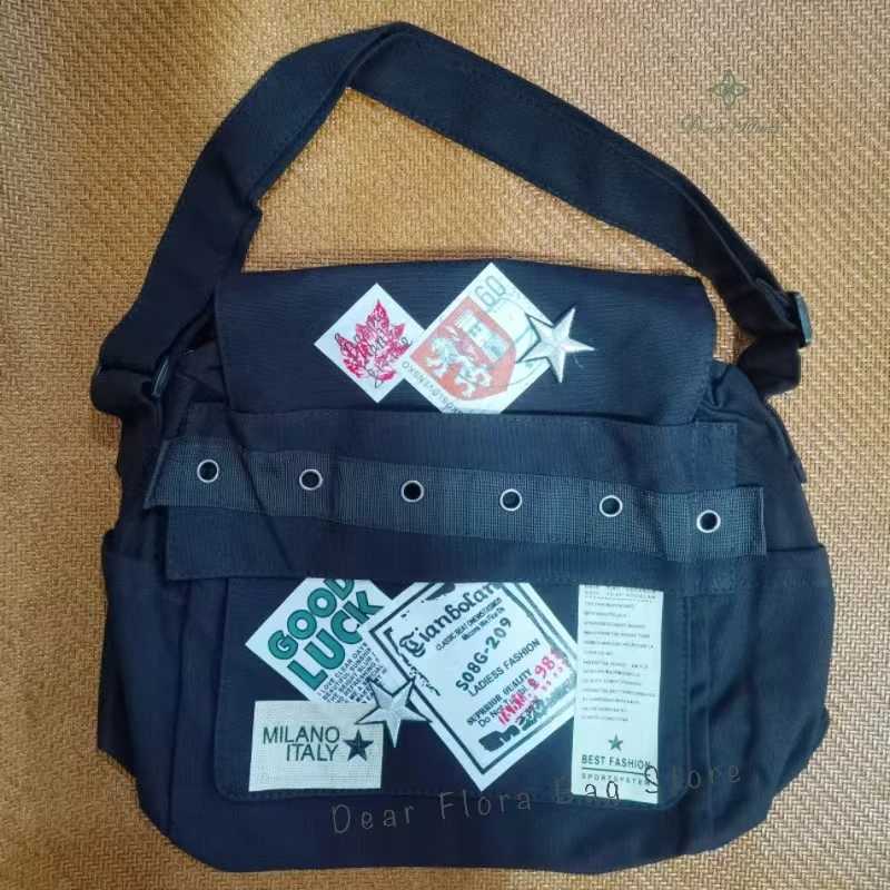 Y2k Vintage Canvas Messenger Bag Casual Preppy Crossbody Punk Patchwork Star Patch Shoulder American Fashion Retro Women Handbag W251031