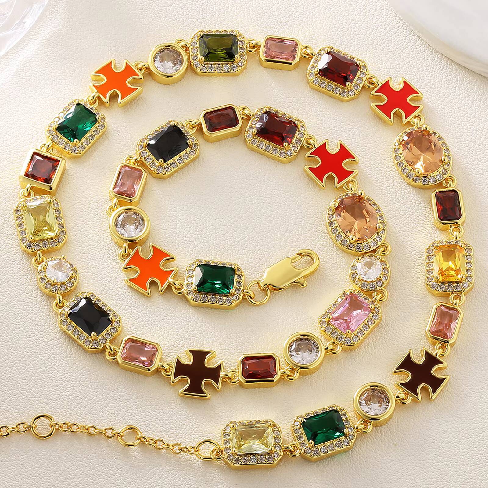 Vintage Mixed Gemstone Cross Tennis Chain 18K Gold Plated Vintage Multi Colored Jewelry 5A CZ Enamel Gem Necklace for Women Men