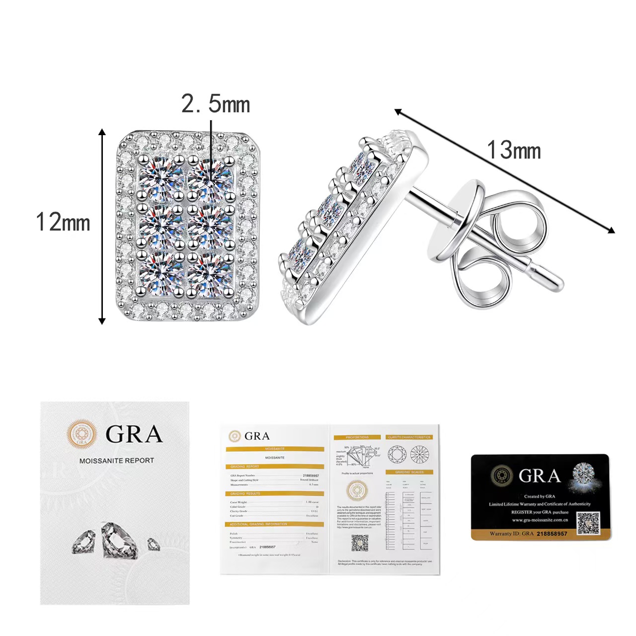 VVS1 D color diamond tester; 20 pieces of 1 carat moissanite earrings; lab-grown designer style; for women;925 sterling silver; gold plated; men's jewelry; women's gift