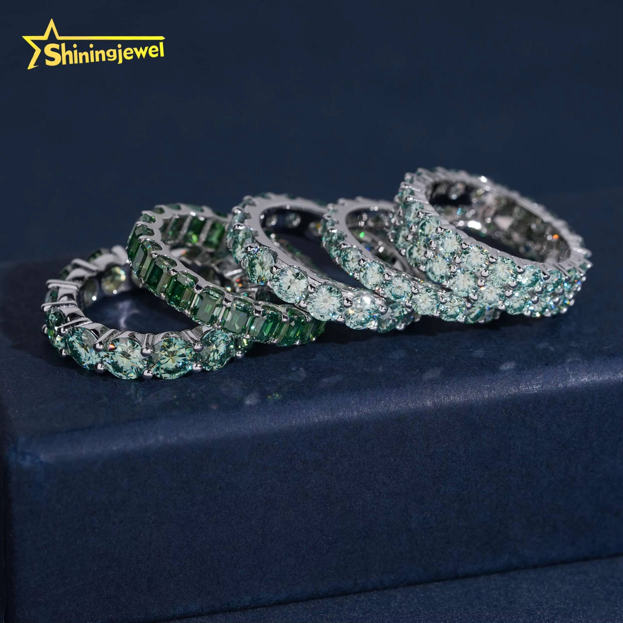 Multiple Options Blue Green Moissanite Eternity Ring Band Ring Emerald Cut Ring Moissanite 925 Unisex Hip Hop Fine Jewelry