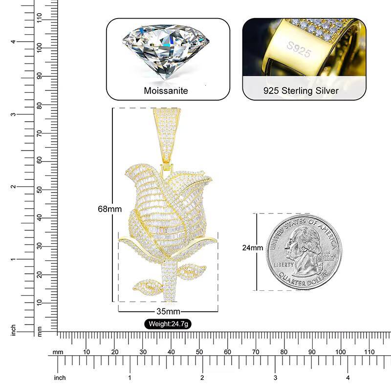 Pass Diamond Tester VVS Baguette Moissanite Rose Pendant 925 Sterling Silver Lab Diamond Iced Out Hip Hop Jewelry Wholesale