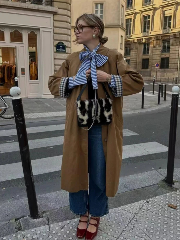 Women Casual Khaki Plaid Lined Lapel Trench Coats Autumn Single Breasted Loose Jacket Female Chic Overcoat Streetwear 251029