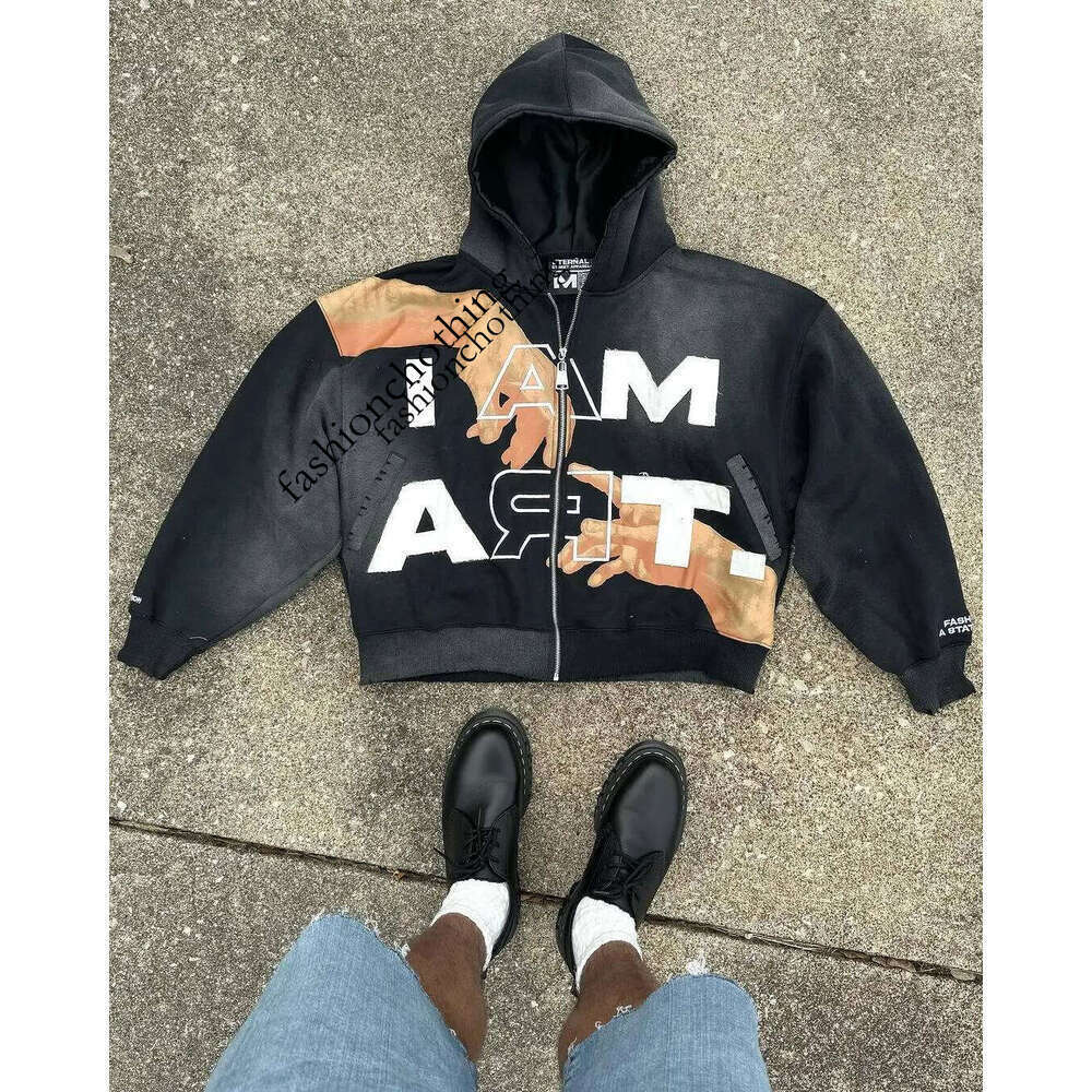 Hip-hop Trendy Streetwear Y2K Haruku American Retro Light mature leisure Letter Print Zipper Hoodie Men's Punk Casual Colorful Oversized Sweatshi
