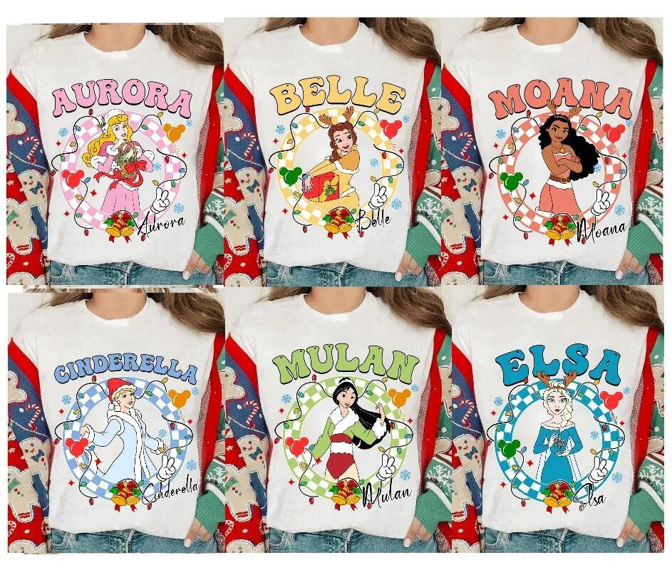 Christmas Lights Checkered Portrait T shirt Ariel Elsa Moana Jasmine Merida Tee Princess Xmas ddmytues