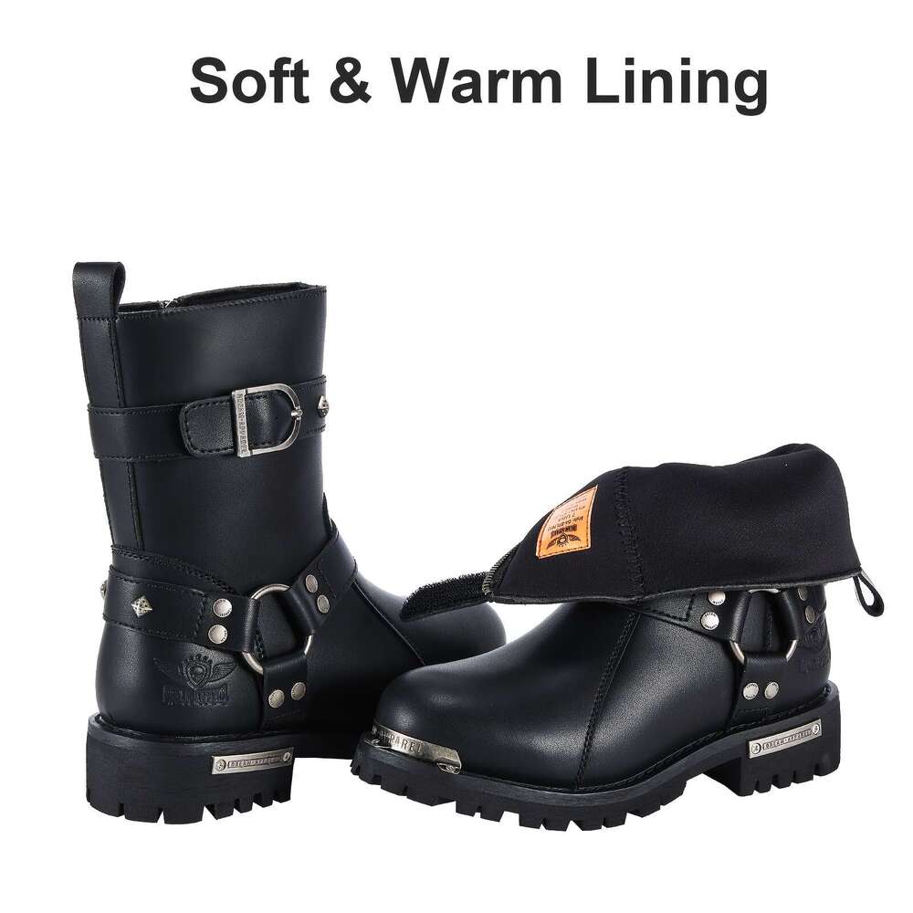 Women's PU Leather Harness Motorcycle For Riding, Waterproof Studded Biker Boots With Side Zipper & Buckle, Black Engineer Combat Mid-Calf Footwe