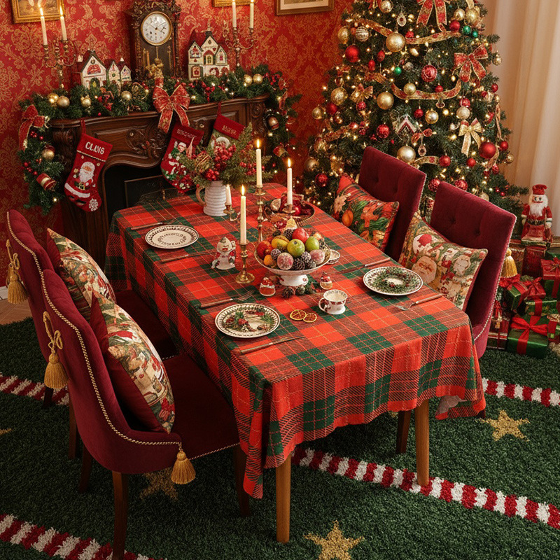 Retro plaid fabric rectangular white Christmas tablecloth with red and green decorative placemat HFQW01