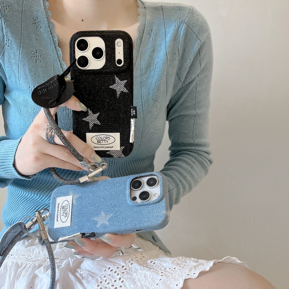 Velvet Five-Pointed Star Denim Phone Case Compatible with iPhone 17/16 Max Niche Full Coverage iPhone 15/14 Pro