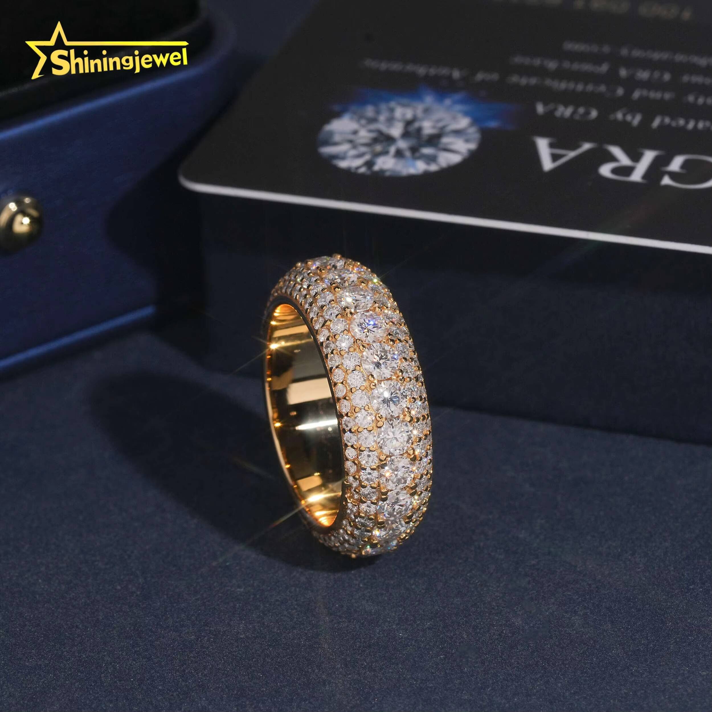 Fashion Gold Plated 5Rows Diamond Men Ring Iced Out Custom Hip Hop Style Jewelry 925 Sterling Silver VVS Moissanite Band Rings