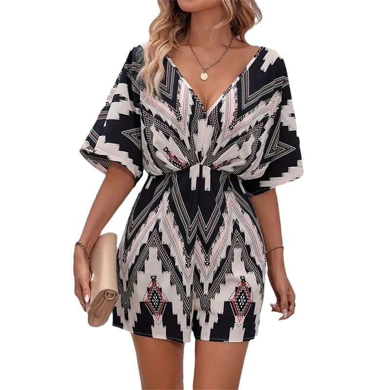Women's printed V-neck jumpsuit loose fit with back strap bow top for women