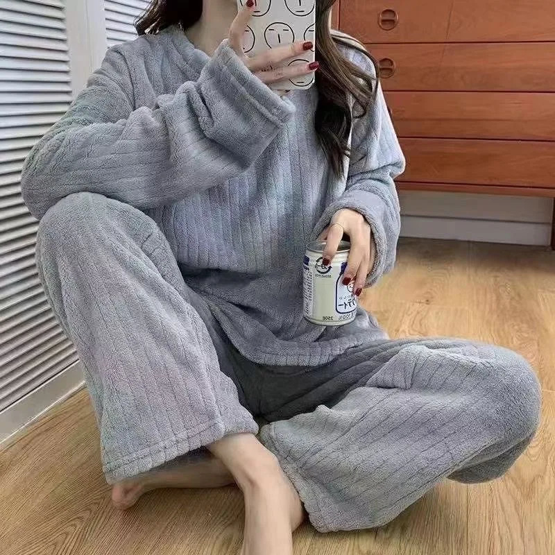 Winter Flannel Twopiece Loose Casual Oneck Striped Coral Fleece Top Elastic Waist Pants sets Womens Pajamas Set Sleepwear 251028CJ