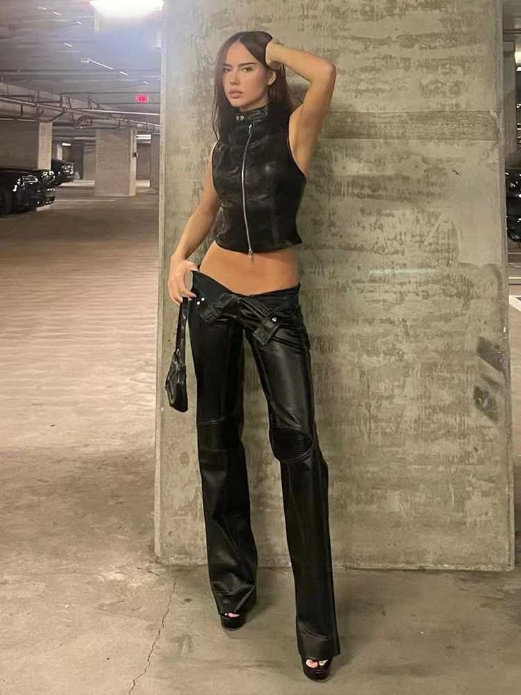 Sisterlinda Women Y2K Black Motobike Style PU Leather Tank Halter Neck Backless Zipper Button Decoration Elastic HipCool Vest C251031