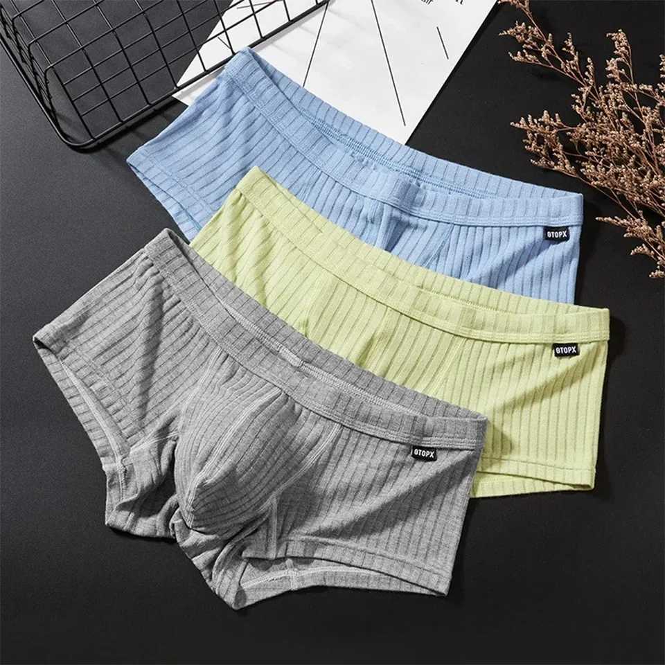 1pc Mens Solid Color Striped Trunks Underpants Uconvex Pouch Low Waist Breathable Sports Panties Shorts Man UnderwearT251031